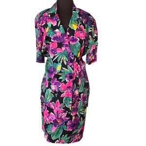 Vtg Bold Floral Double Breasted Fem Sheer Accordion Back Blazer Coord Skirt M